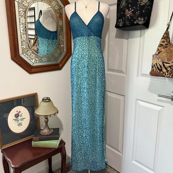 VTG Y2K Andretta Donatello Turquoise Blue Silk Beaded Swirly Formal Prom Dress - Picture 1 of 8